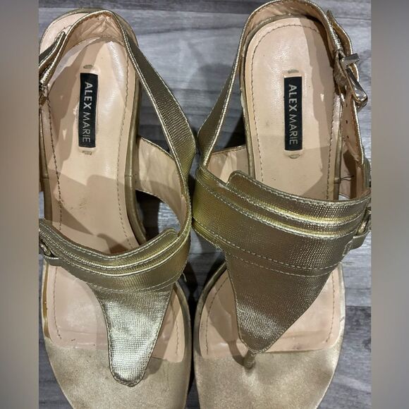 Alex Marie Gold Metallic Wedge Sandals Size 8.5M | Leather Upper Cork Heel - Picture 2 of 7